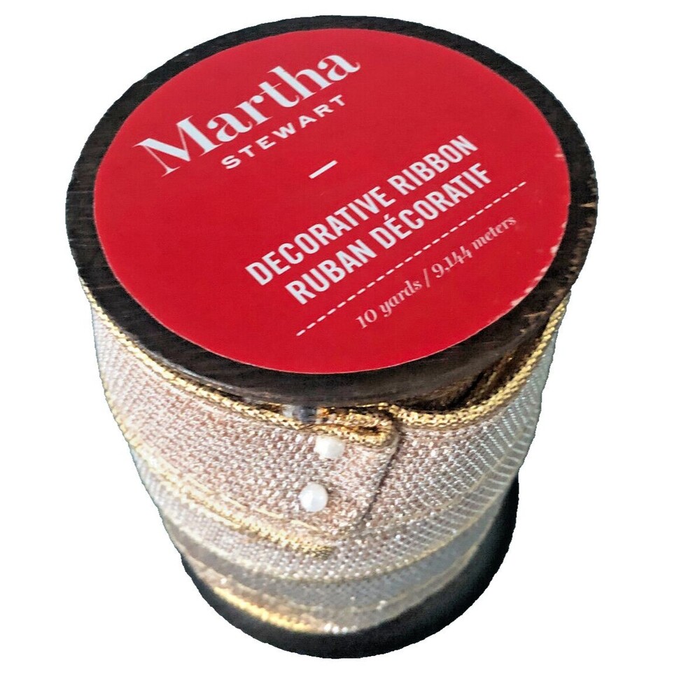Martha Stewart Silver Gold Decorative Ribbon 10 Yd x 1" Wooden Spool Christmas